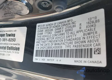 2020 Honda Civic Touring from USA, damaged, VIN 2HGFC3B9XLH350638